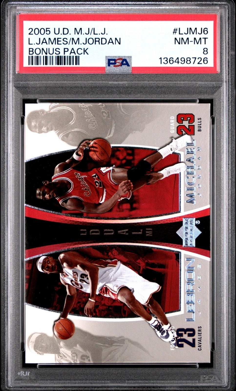 LeBron James &amp; Michael Jordan 2005 Upper Deck Bonus Pack Basketball Card #LJMJ6 Graded PSA 8 Cert #136498726-Powers Sports Memorabilia