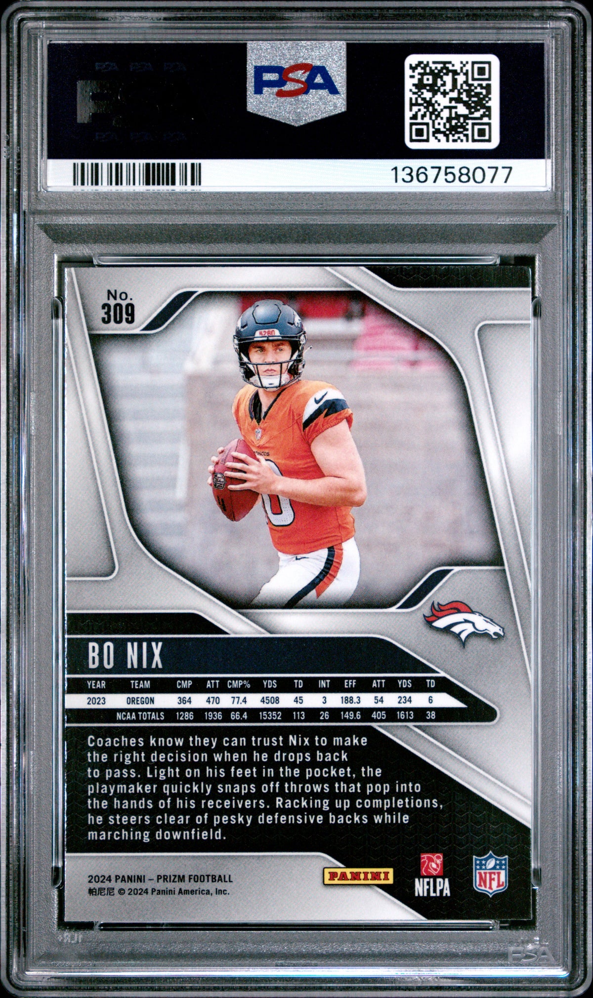 Bo Nix 2024 Panini Prizm Football Rookie Card #309 Graded PSA 10 Cert #136758077-Powers Sports Memorabilia