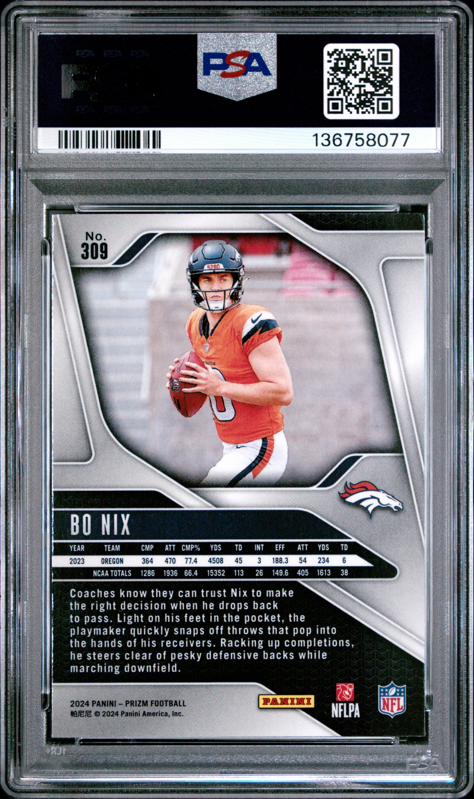 Bo Nix 2024 Panini Prizm Football Rookie Card #309 Graded PSA 10 Cert #136758077-Powers Sports Memorabilia