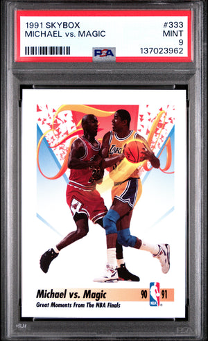 Michael Jordan vs Magic Johnson 1991 SkyBox Chicago Bulls Los Angeles Lakers Basketball Card #333 Graded PSA 9 Cert #137023962-Powers Sports Memorabilia