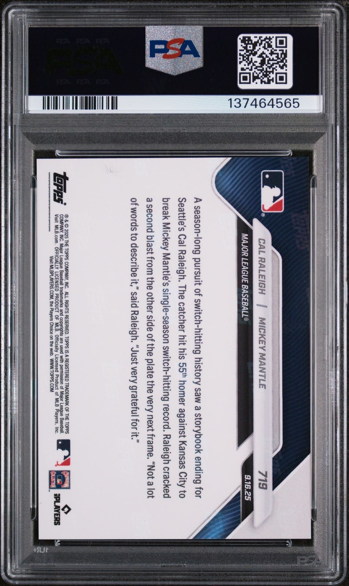 Cal Raleigh Mickey Mantle 2025 Topps Now Baseball Card #719 Graded PSA 10 Cert #137464565-Powers Sports Memorabilia