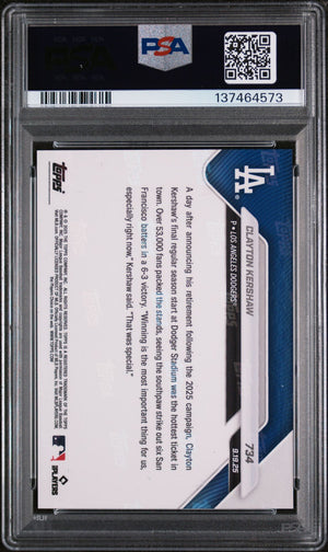 Clayton Kershaw 2025 Topps Now Last Game Baseball Card #734 Graded PSA 10 Cert #137464573-Powers Sports Memorabilia