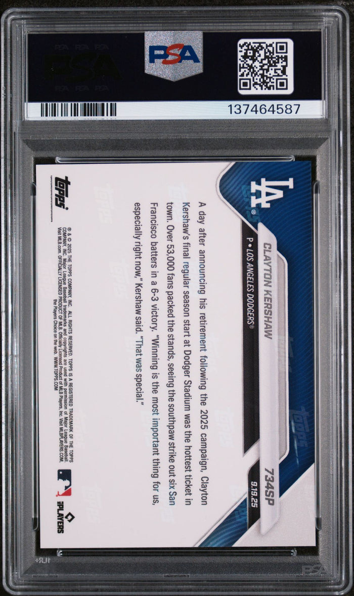 Clayton Kershaw 2025 Topps Now Last Game SP Baseball Card #734SP Graded PSA 10 Cert #137464587-Powers Sports Memorabilia