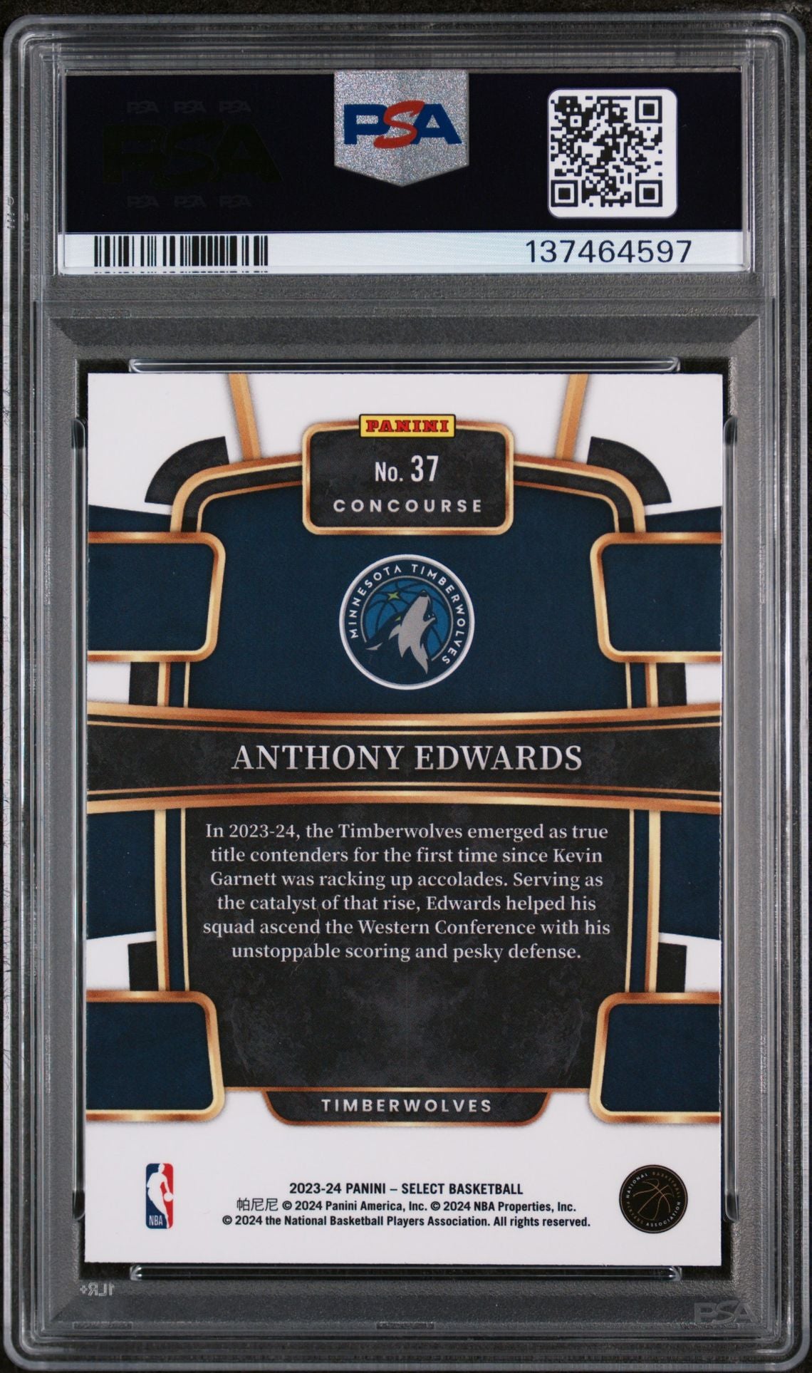 Anthony Edwards 2023 Select Blue Basketball Card #37 Graded PSA 9 Cert #137464597-Powers Sports Memorabilia