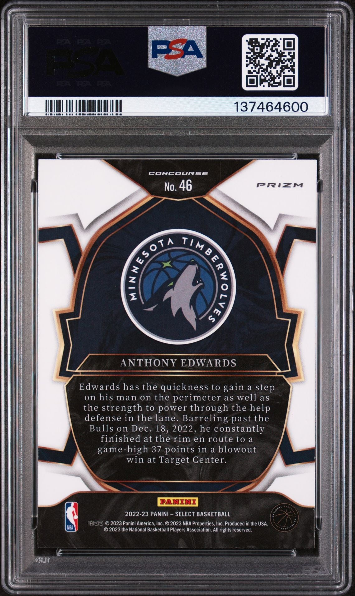 Anthony Edwards 2022 Select Blue Prizm Basketball Card #46 Graded PSA 10 Cert #137464600-Powers Sports Memorabilia