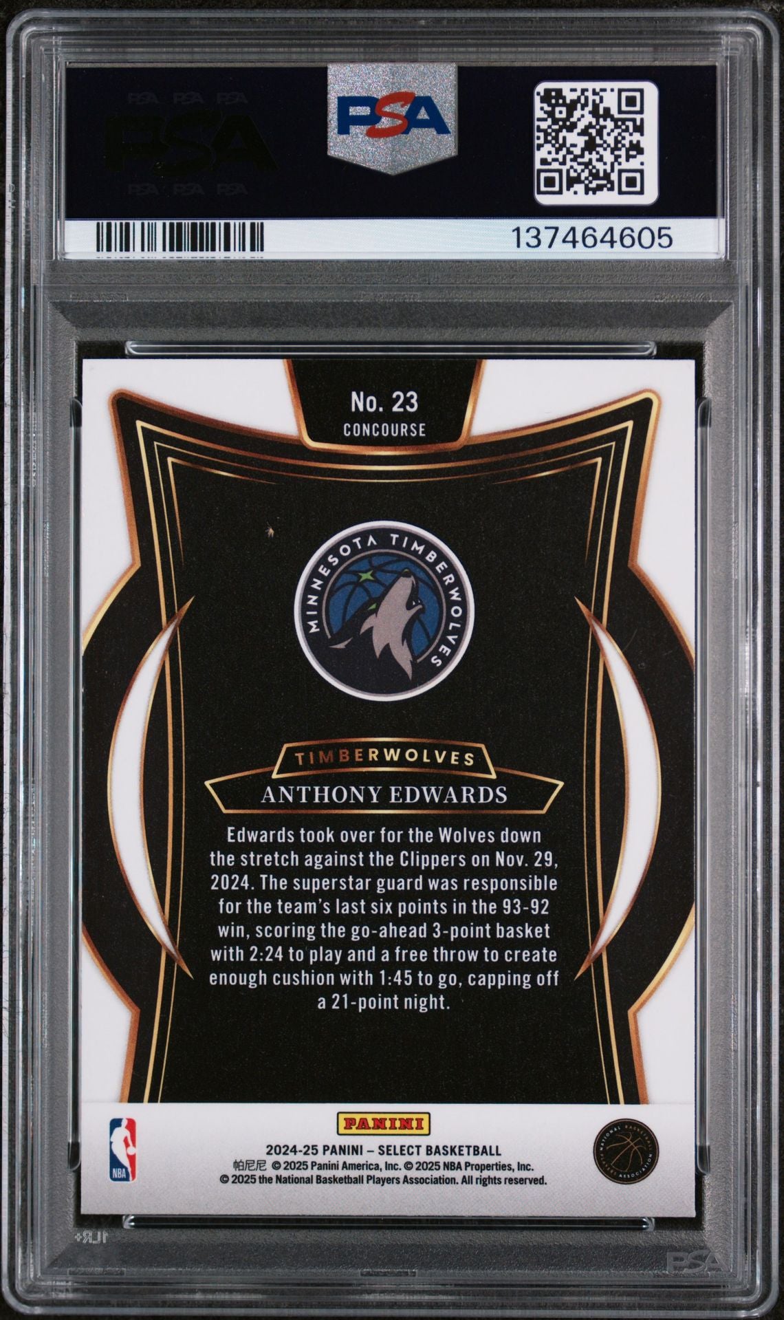 Anthony Edwards 2024 Select Blue Basketball Card #23 Graded PSA 10 Cert #137464605-Powers Sports Memorabilia