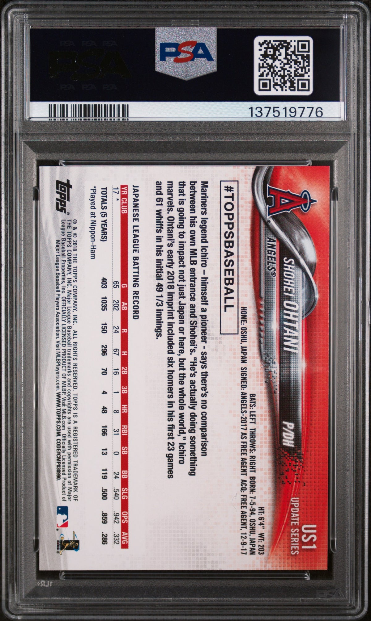 Shohei Ohtani 2018 Topps Update Los Angeles Angels Baseball Rookie Card #US1 Graded PSA 8 Cert #137519776-Powers Sports Memorabilia