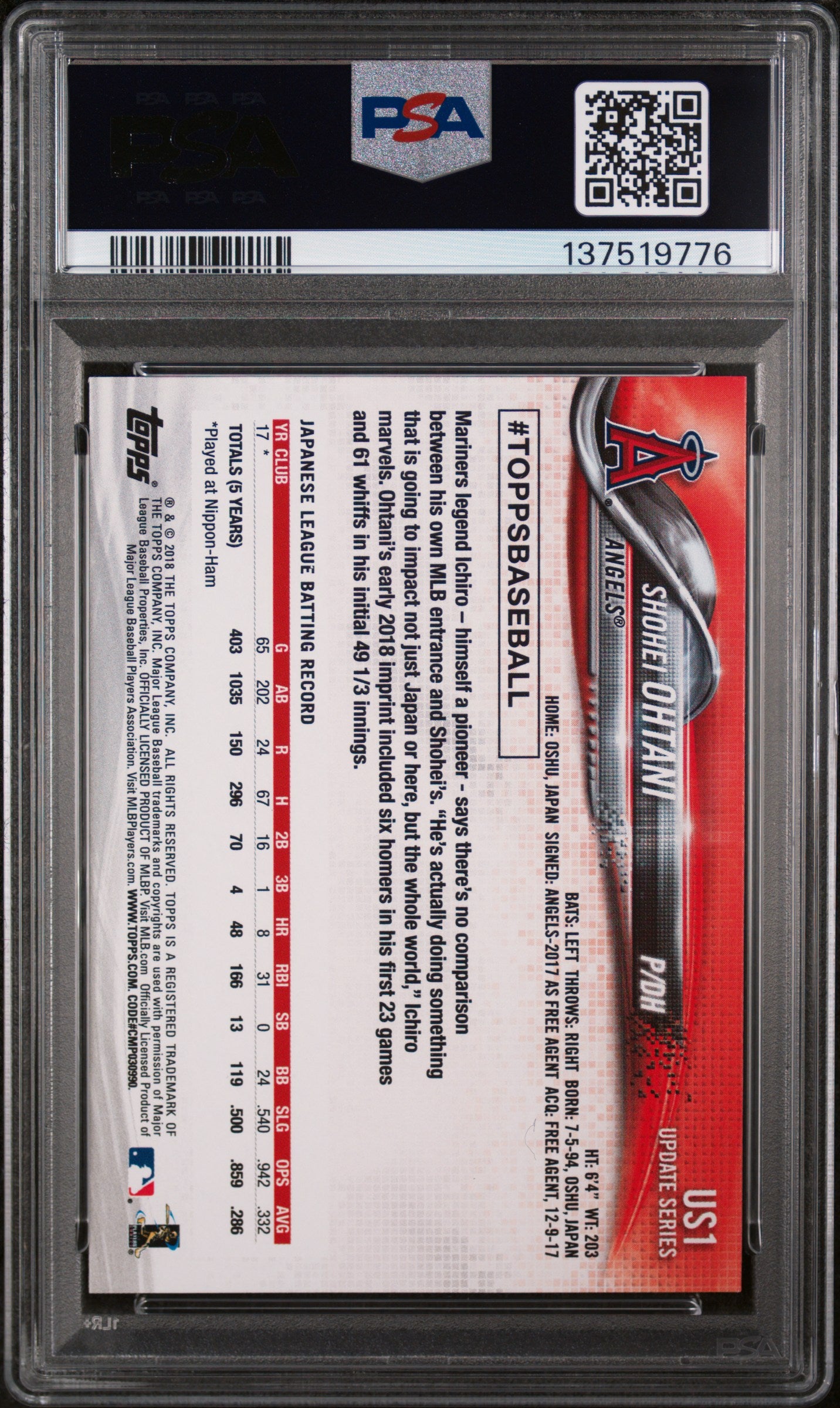 Shohei Ohtani 2018 Topps Update Los Angeles Angels Baseball Rookie Card #US1 Graded PSA 8 Cert #137519776-Powers Sports Memorabilia