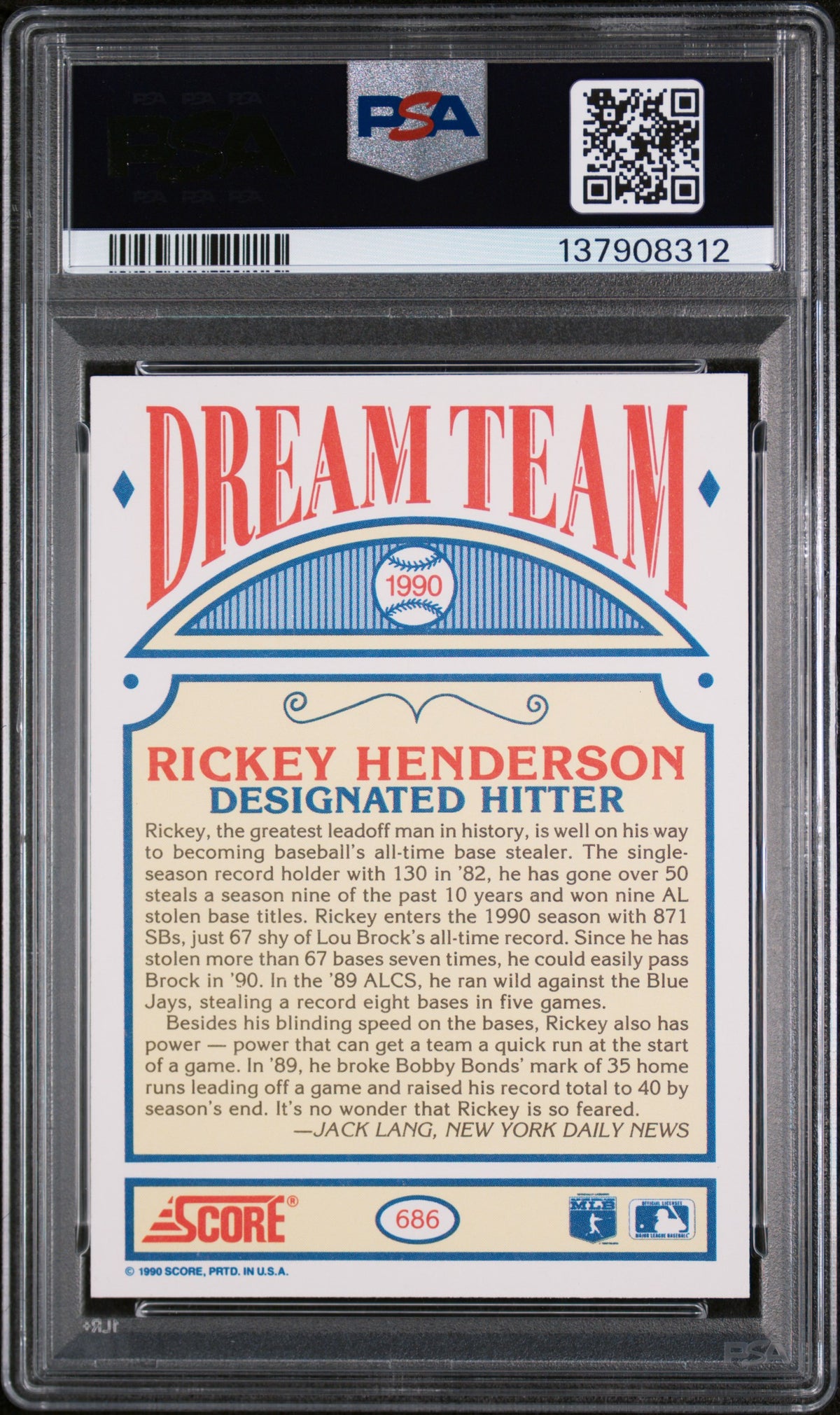 Rickey Henderson 1990 Score Athletics Card #686 PSA 10