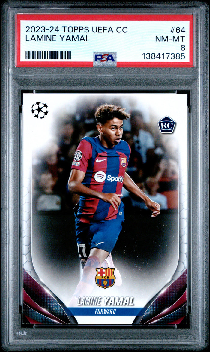 Lamine Yamal 2023-24 Topps UEFA Champions League Soccer RC Rookie Card #64 Graded PSA 8 Cert #138417385-Powers Sports Memorabilia