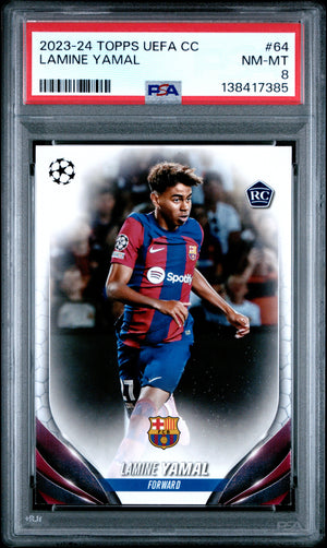 Lamine Yamal 2023-24 Topps UEFA Champions League Soccer RC Rookie Card #64 Graded PSA 8 Cert #138417385-Powers Sports Memorabilia