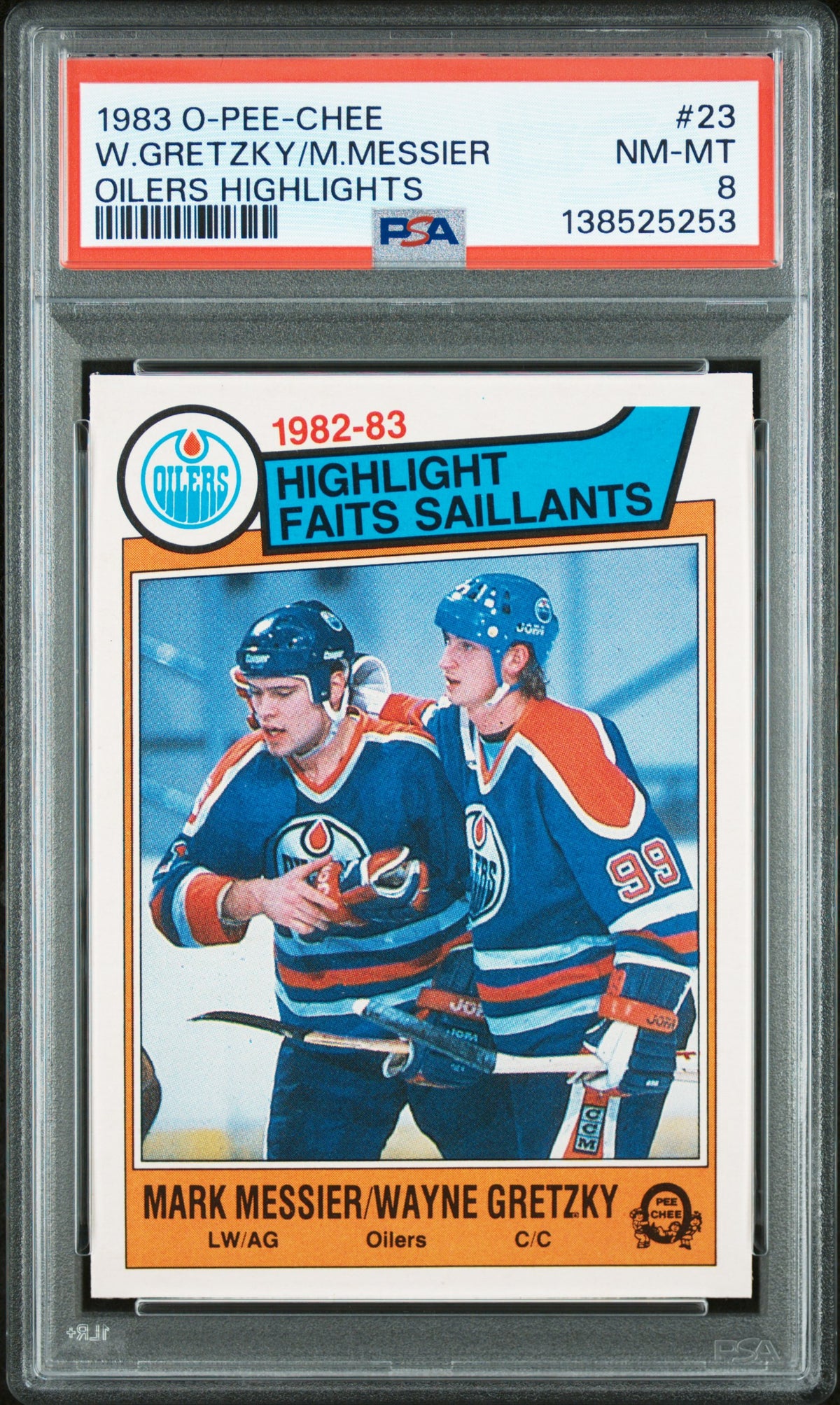 Wayne Gretzky and Mark Messier 1983 O-Pee-Chee Highlights Card #23 Graded PSA 8-Powers Sports Memorabilia