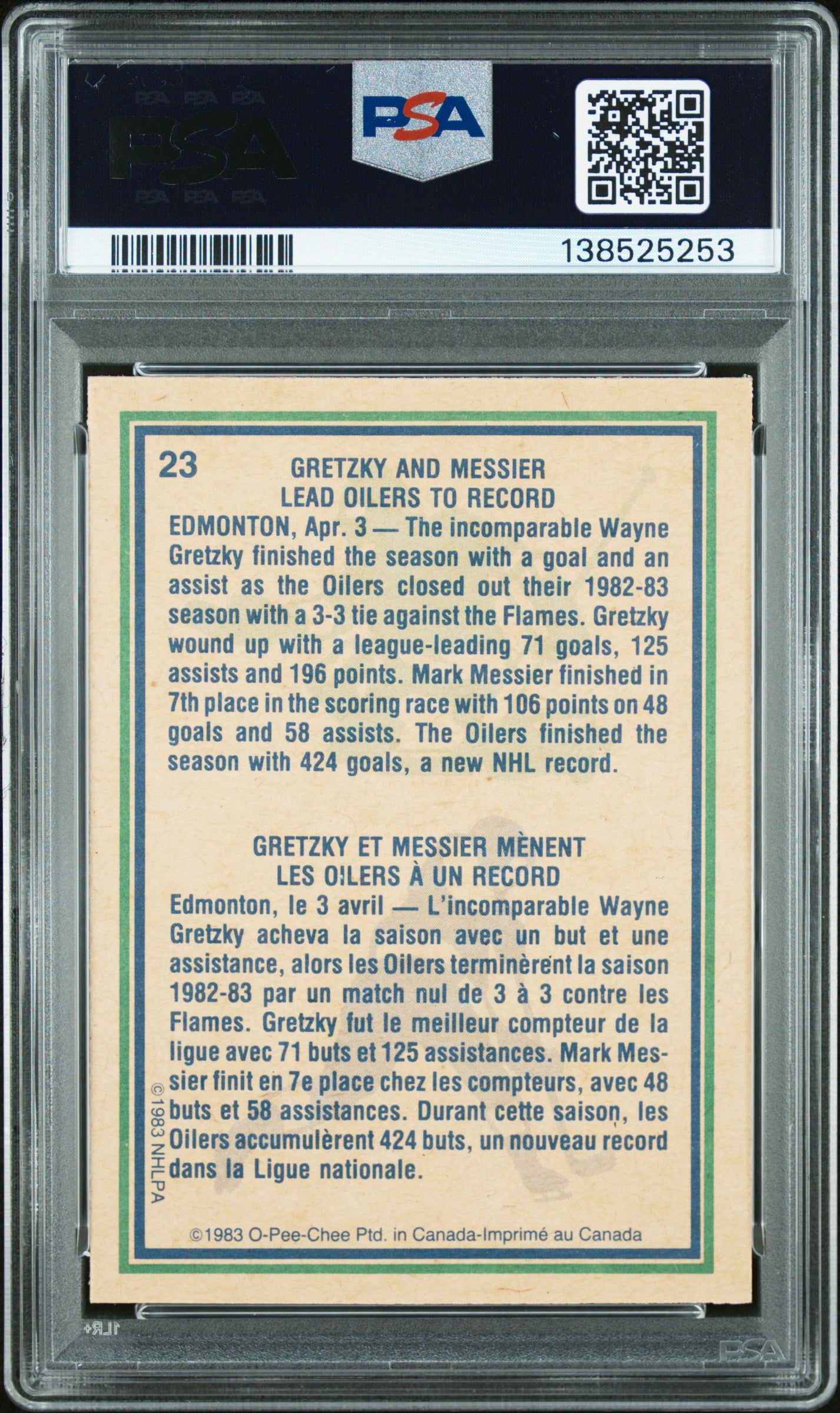 Wayne Gretzky and Mark Messier 1983 O-Pee-Chee Highlights Card #23 Graded PSA 8-Powers Sports Memorabilia