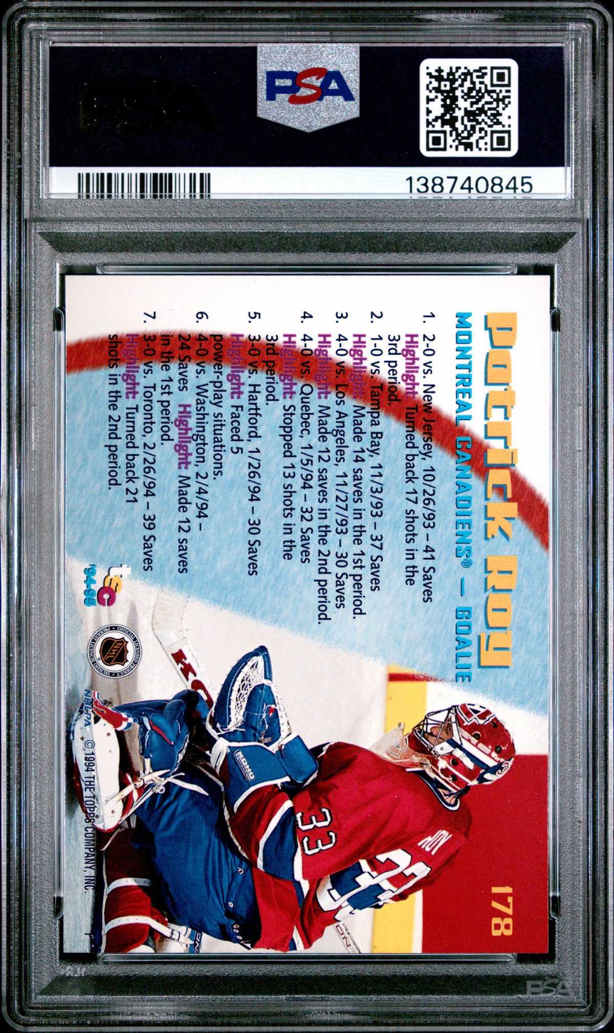 Patrick Roy 1994 Stadium Club Hockey Card #178 Graded PSA 10 Cert #138740845-Powers Sports Memorabilia