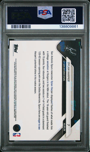 Dylan Harper 2025 Topps Now San Antonio Spurs Basketball RC Rookie Card #7 Graded PSA 10 Cert #138809861