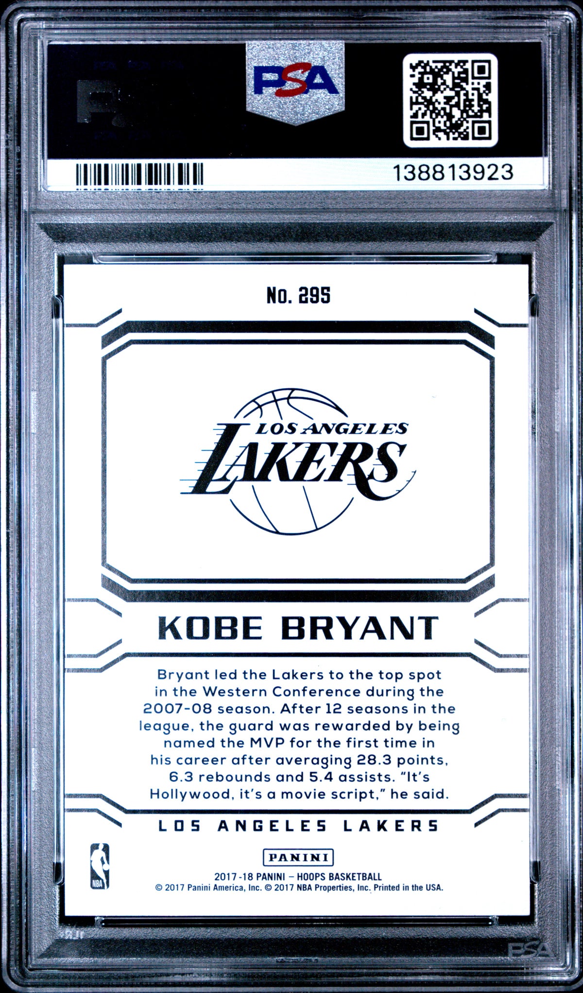Kobe Bryant 2017 Panini Hoops Career Tribute Card 295 PSA 10