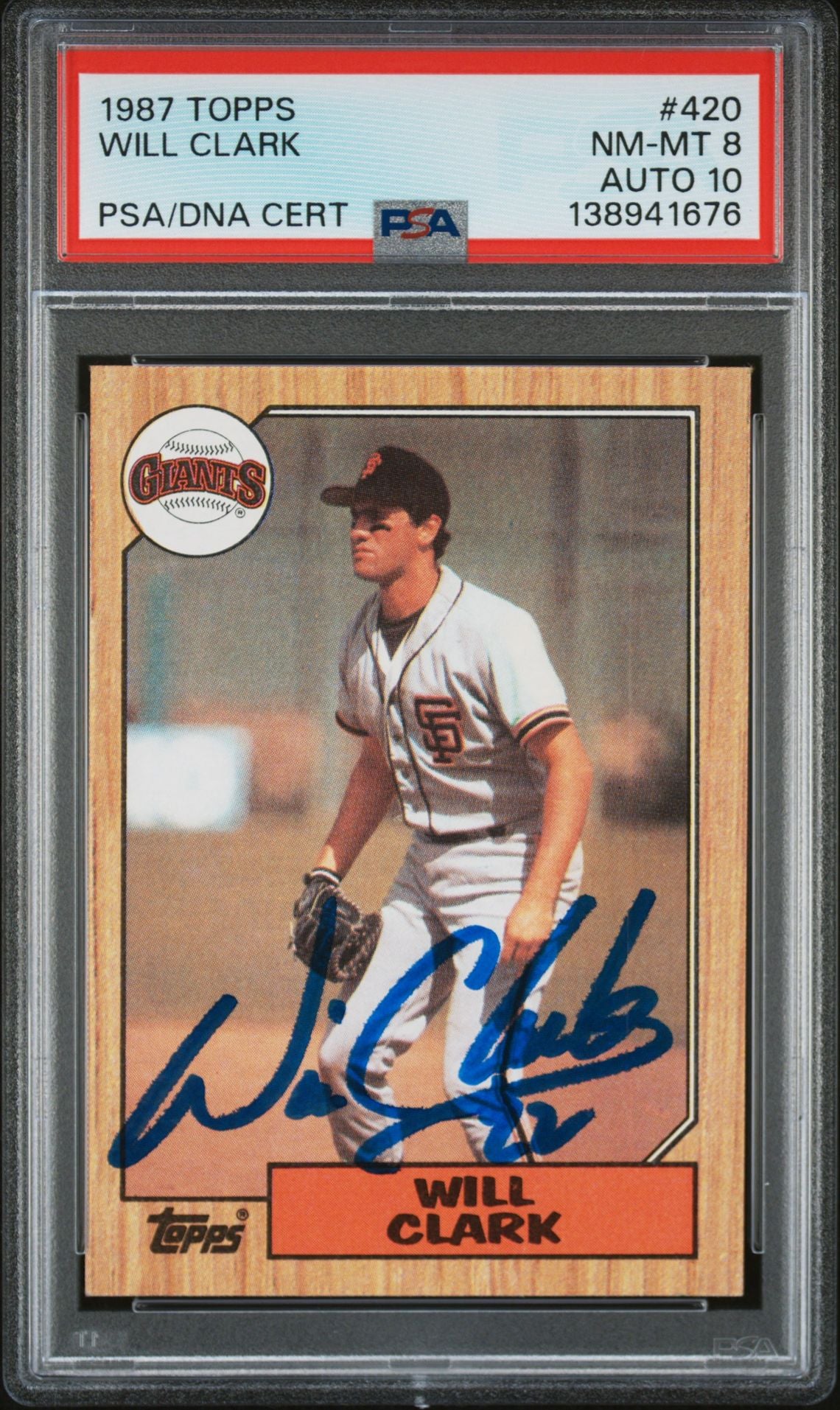 Will Clark 1987 Topps San Francisco Giants Signed Baseball RC Rookie Card #420 PSA 8 Auto 10 Cert #138941676-Powers Sports Memorabilia