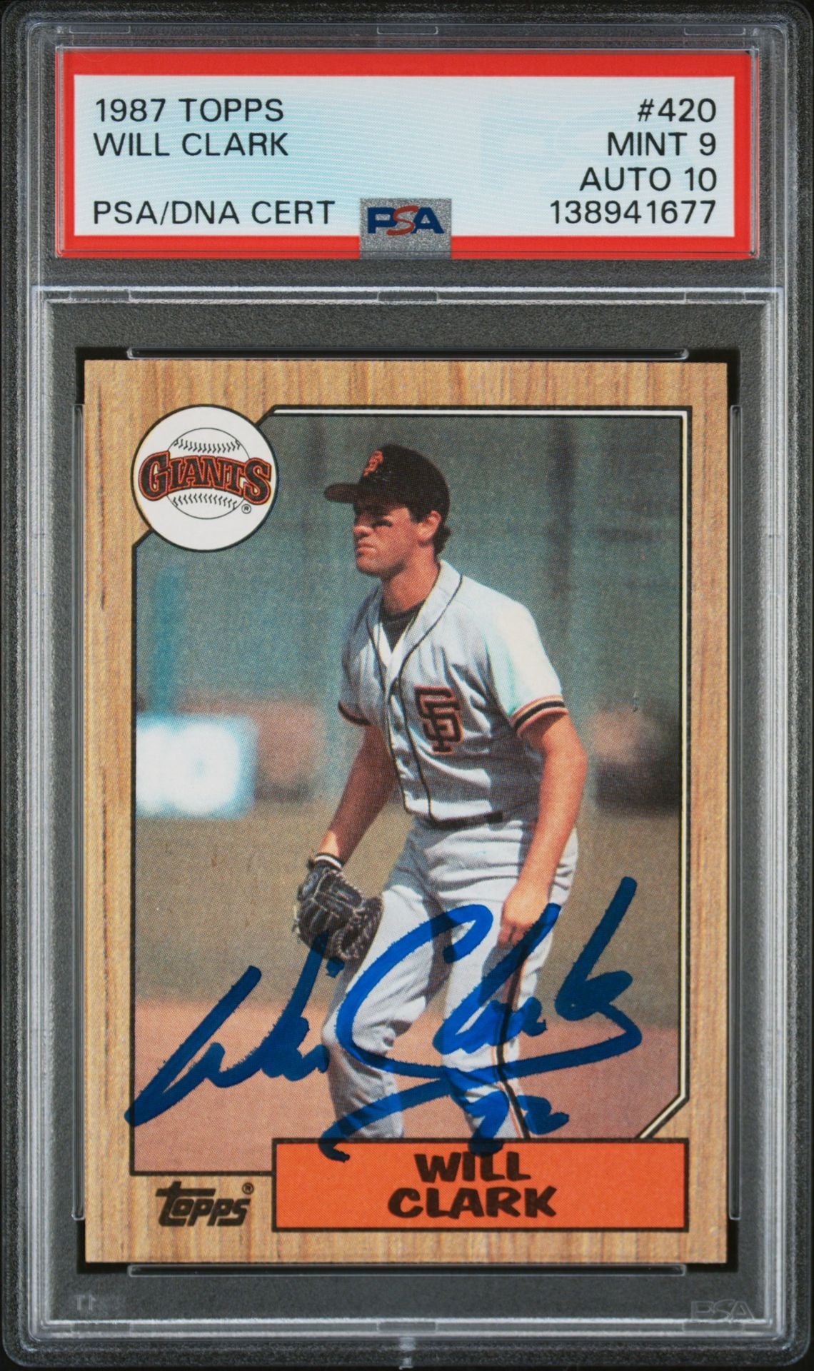 Will Clark 1987 Topps San Francisco Giants Signed Baseball RC Rookie Card #420 PSA 9 Auto 10 Cert #138941677-Powers Sports Memorabilia