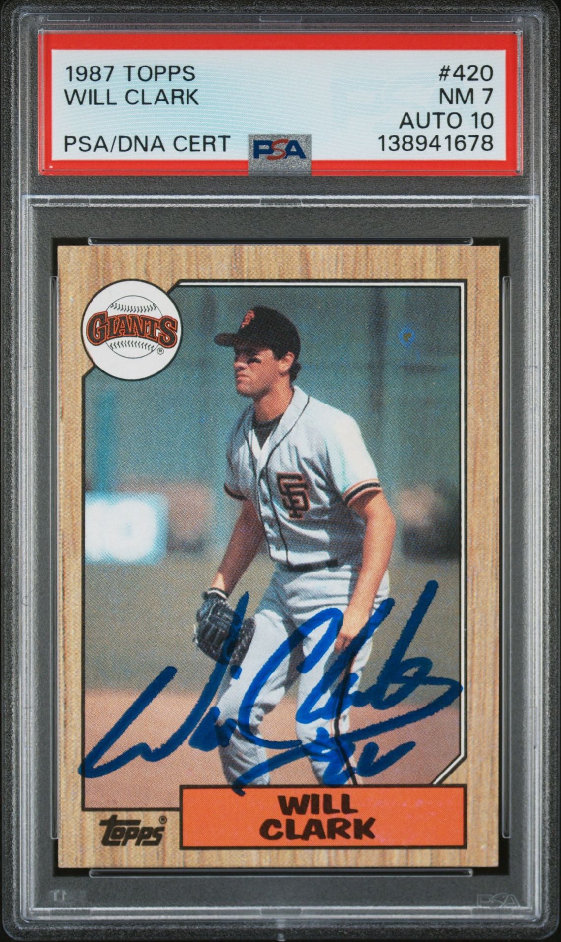 Will Clark 1987 Topps San Francisco Giants Signed Baseball RC Rookie Card #420 PSA 7 Auto 10 Cert #138941678-Powers Sports Memorabilia