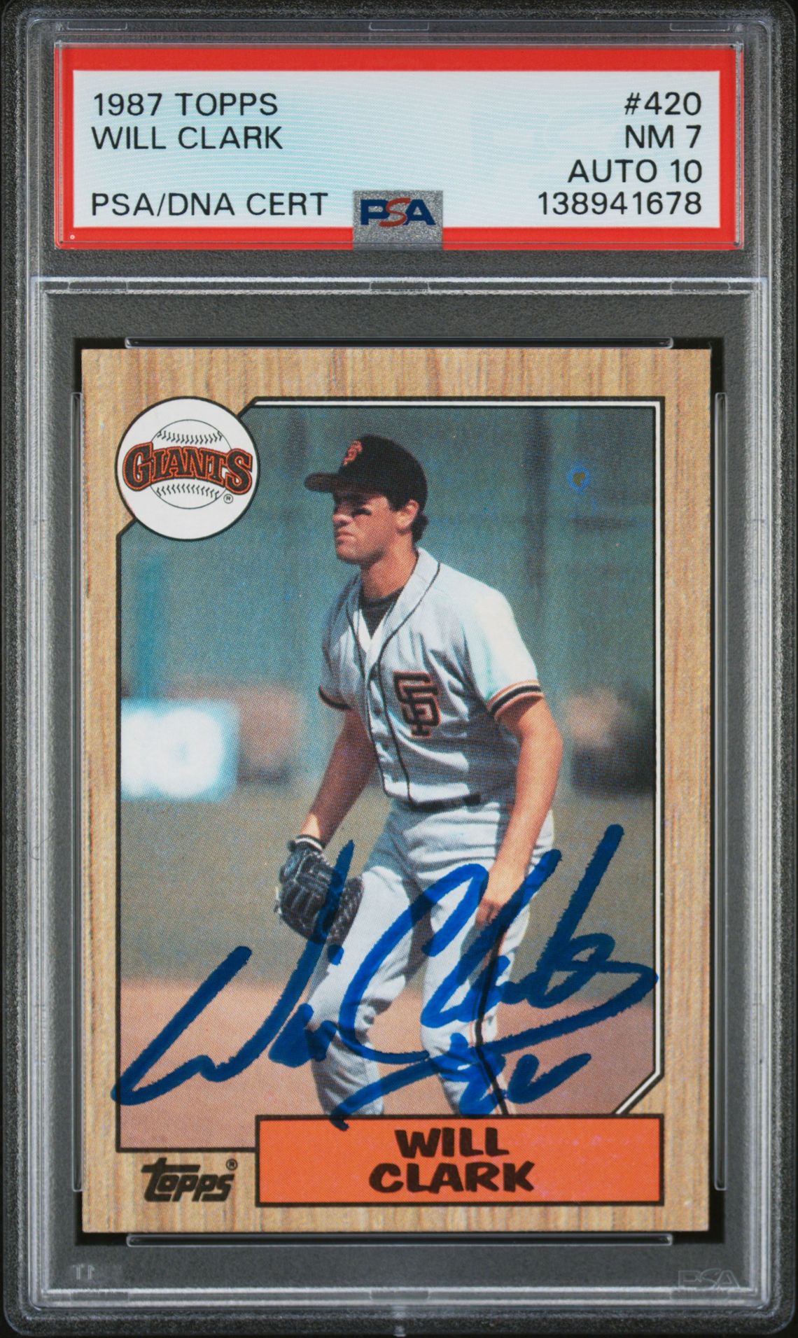 Will Clark 1987 Topps San Francisco Giants Signed Baseball RC Rookie Card #420 PSA 7 Auto 10 Cert #138941678-Powers Sports Memorabilia