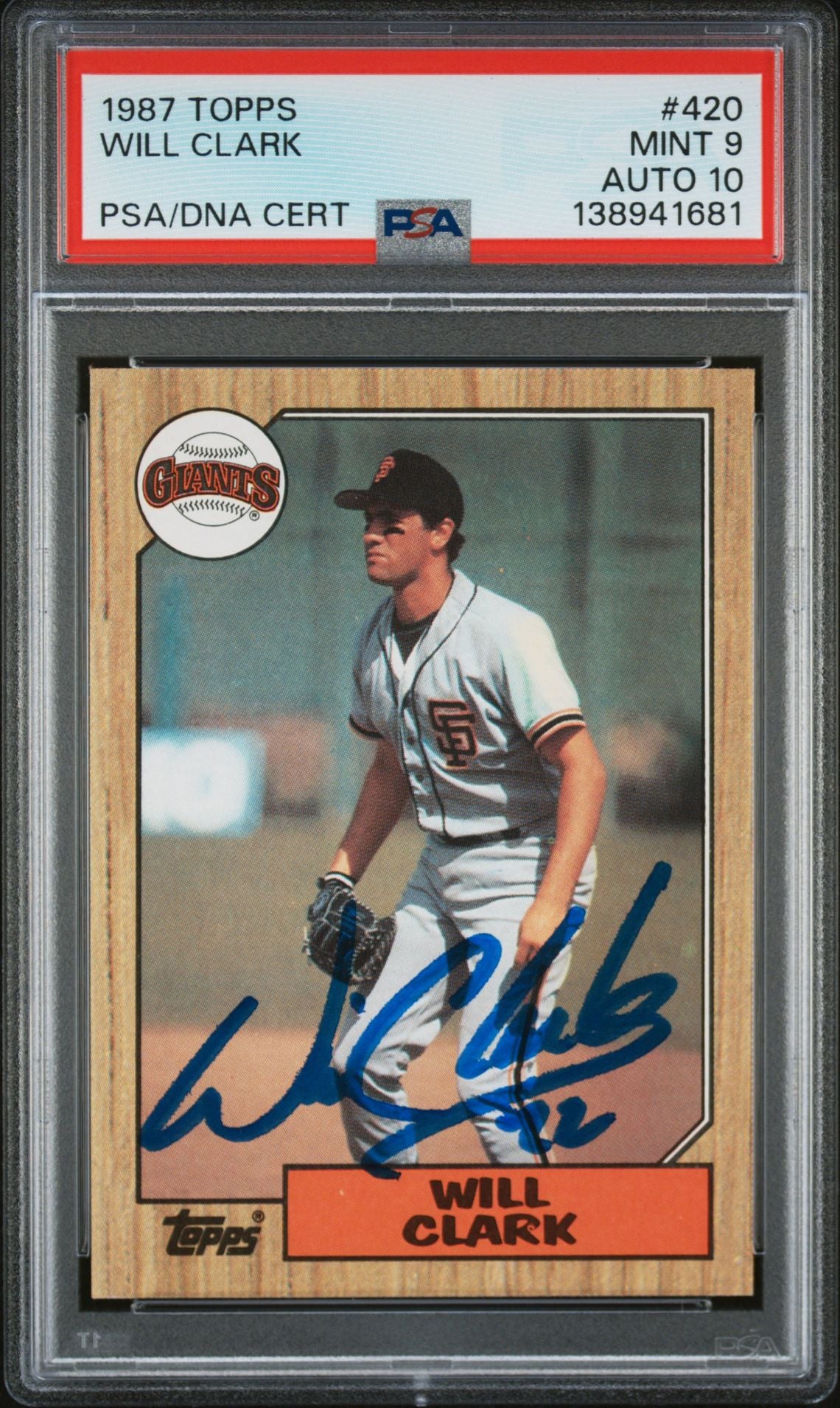Will Clark 1987 Topps San Francisco Giants Signed Baseball RC Rookie Card #420 PSA 9 Auto 10 Cert #138941681-Powers Sports Memorabilia