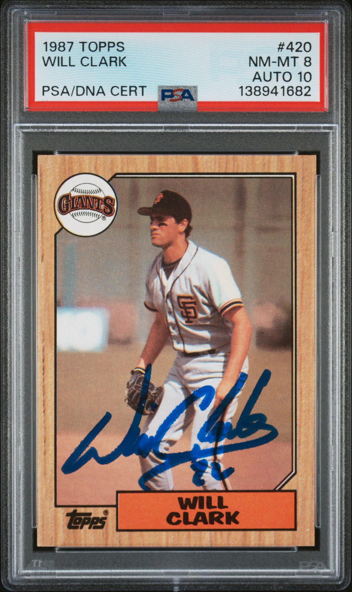 Will Clark 1987 Topps San Francisco Giants Signed Baseball RC Rookie Card #420 PSA 8 Auto 10 Cert #138941682-Powers Sports Memorabilia