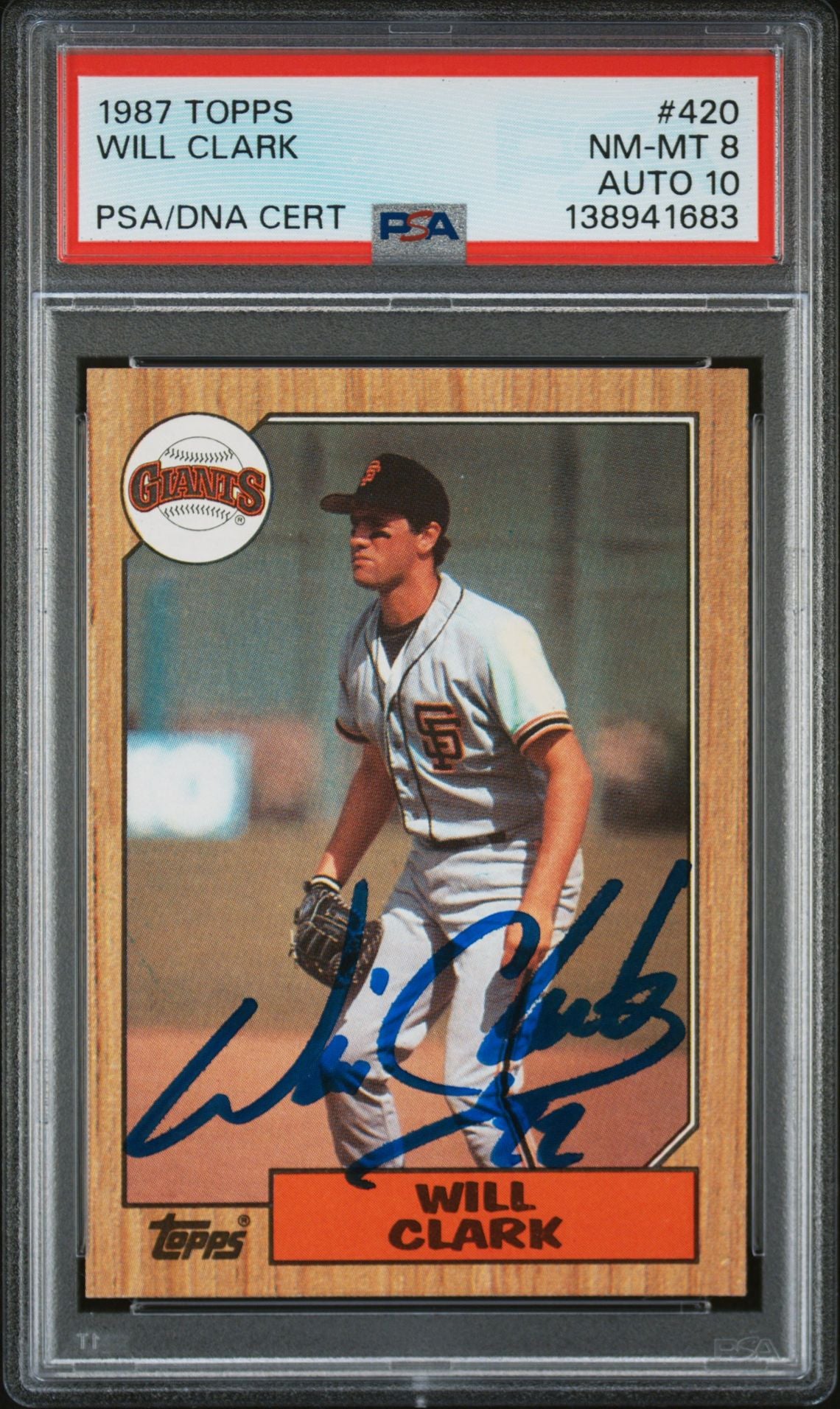 Will Clark 1987 Topps San Francisco Giants Signed Baseball RC Rookie Card #420 PSA 8 Auto 10 Cert #138941683-Powers Sports Memorabilia