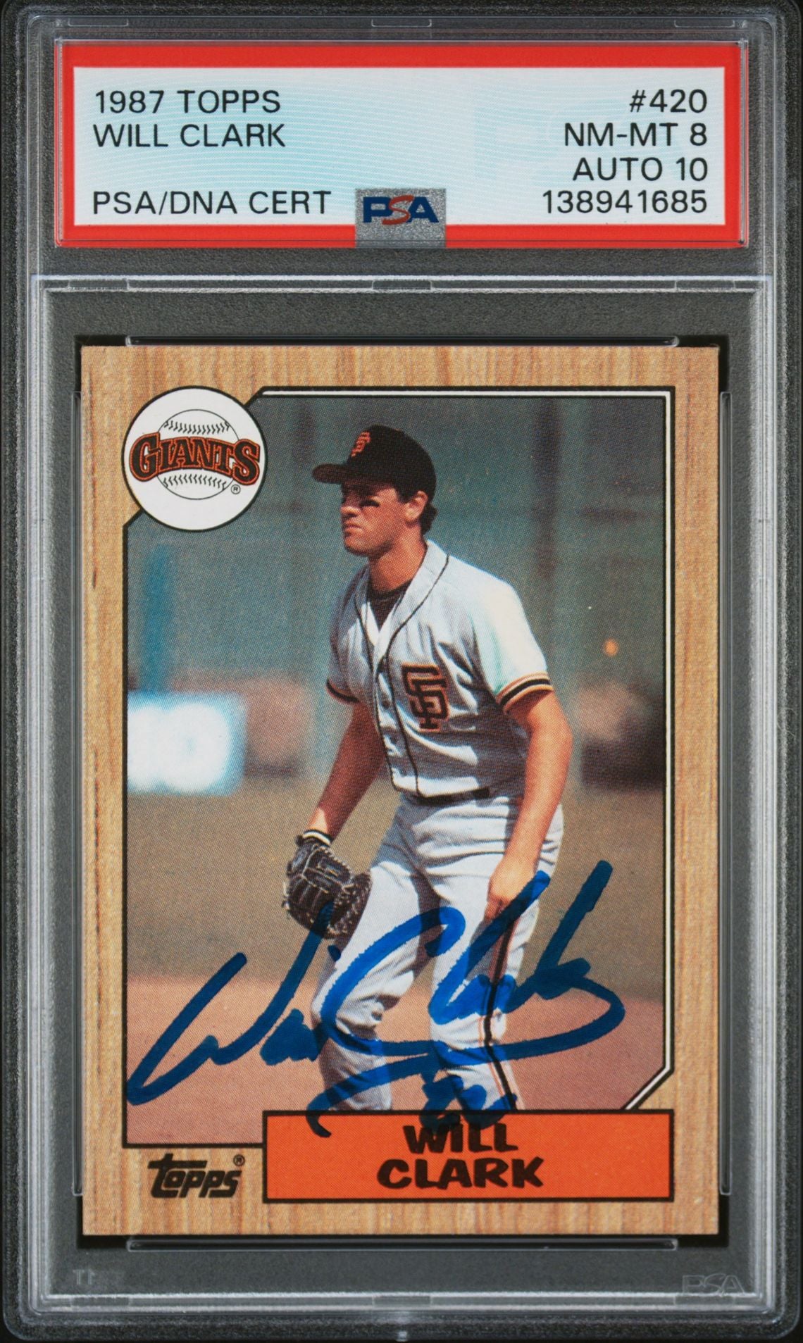 Will Clark 1987 Topps San Francisco Giants Signed Baseball RC Rookie Card #420 PSA 8 Auto 10 Cert #138941685-Powers Sports Memorabilia