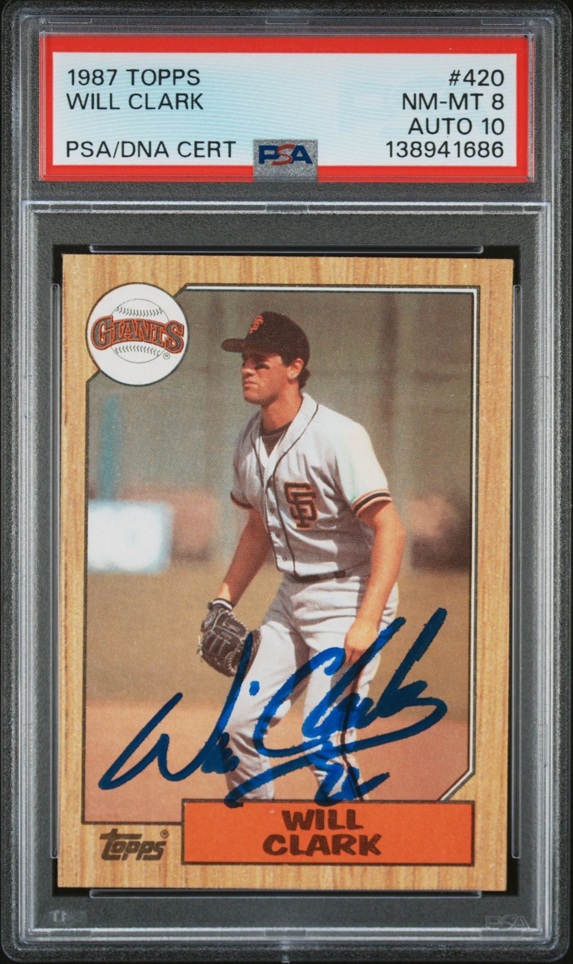Will Clark 1987 Topps San Francisco Giants Signed Baseball RC Rookie Card #420 PSA 8 Auto 10 Cert #138941686-Powers Sports Memorabilia