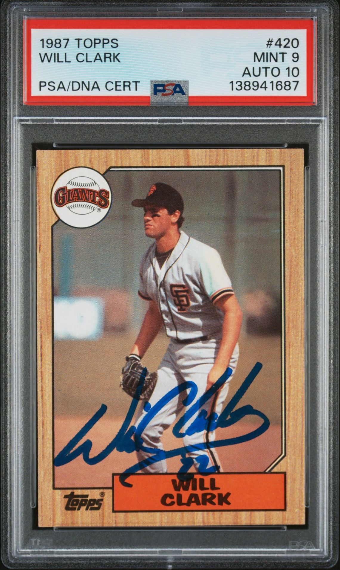 Will Clark 1987 Topps San Francisco Giants Signed Baseball RC Rookie Card #420 PSA 9 Auto 10 Cert #138941687-Powers Sports Memorabilia