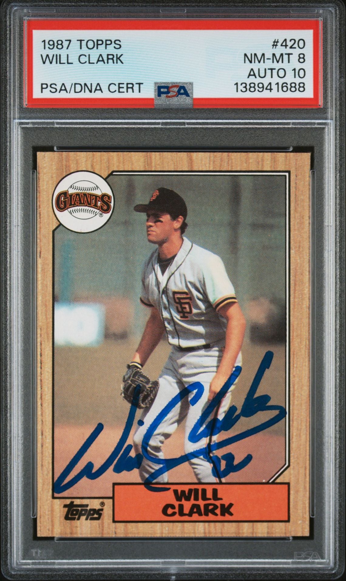 Will Clark 1987 Topps San Francisco Giants Signed Baseball RC Rookie Card #420 PSA 8 Auto 10 Cert #138941688-Powers Sports Memorabilia