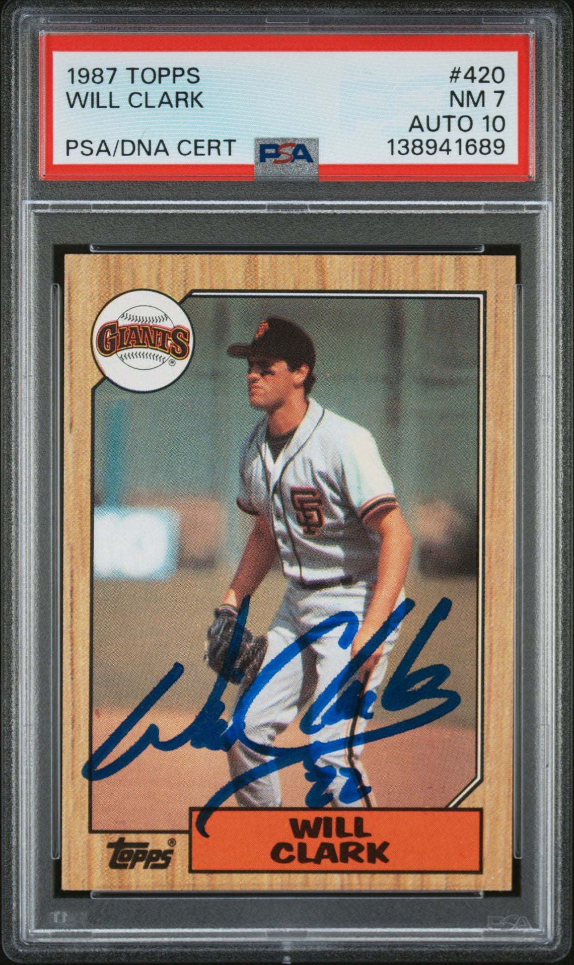Will Clark 1987 Topps San Francisco Giants Signed Baseball RC Rookie Card #420 PSA 7 Auto 10 Cert #138941689-Powers Sports Memorabilia