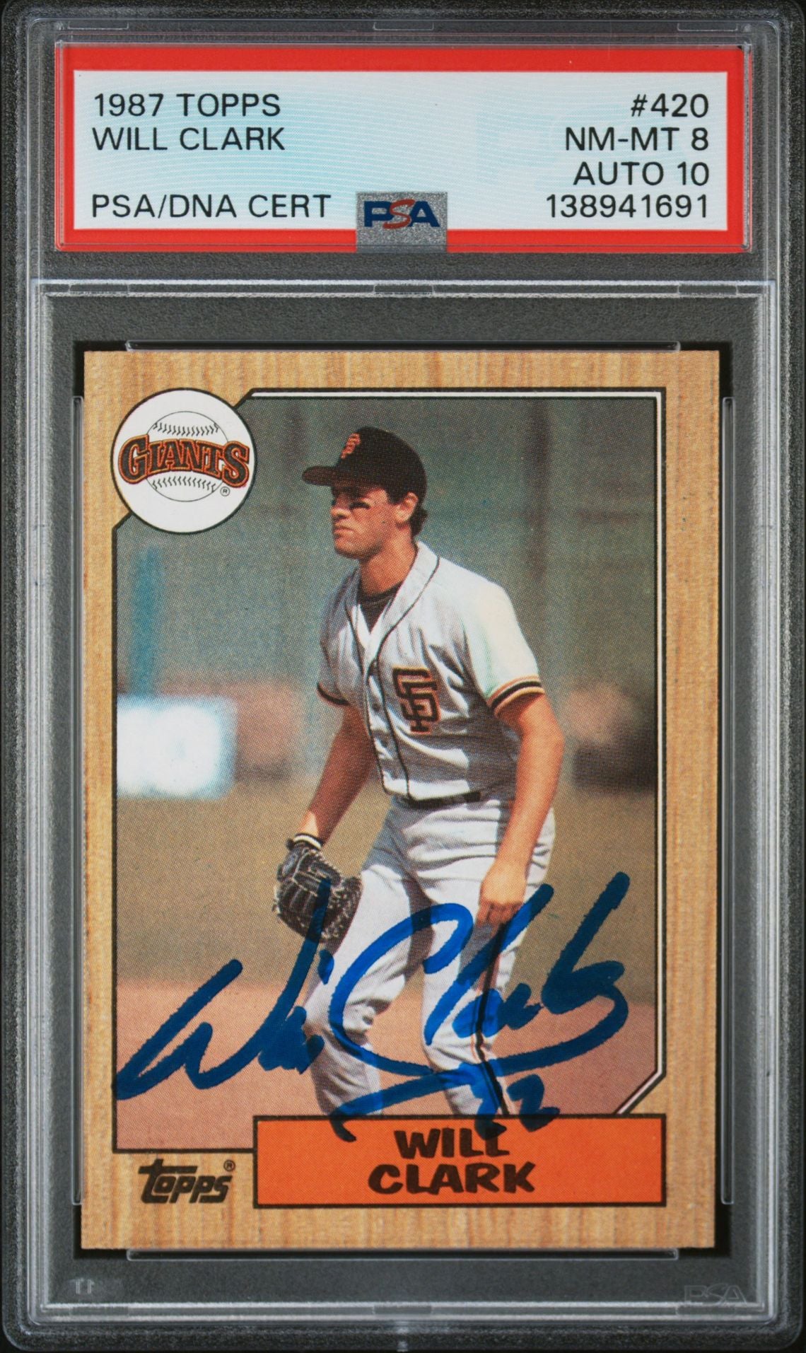 Will Clark 1987 Topps San Francisco Giants Signed Baseball RC Rookie Card #420 PSA 8 Auto 10 Cert #138941691-Powers Sports Memorabilia