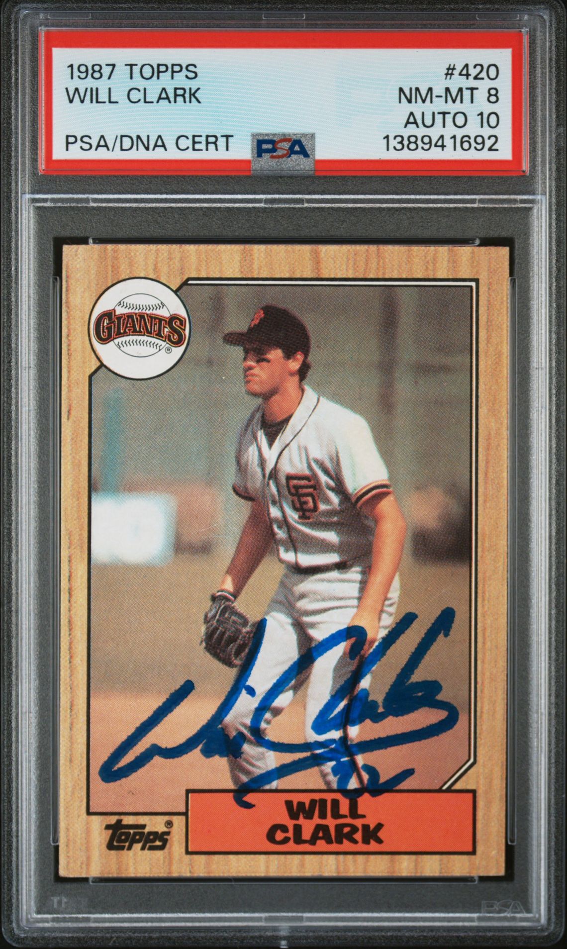 Will Clark 1987 Topps San Francisco Giants Signed Baseball RC Rookie Card #420 PSA 8 Auto 10 Cert #138941692-Powers Sports Memorabilia