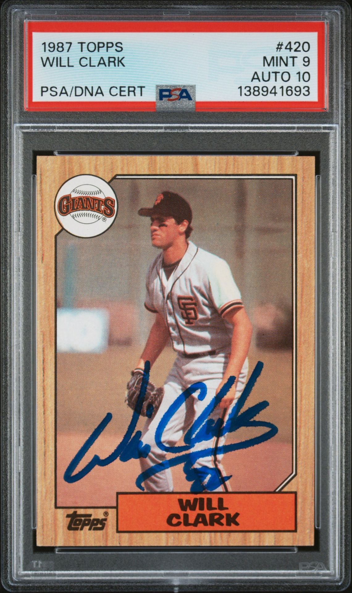 Will Clark 1987 Topps San Francisco Giants Signed Baseball RC Rookie Card #420 PSA 9 Auto 10 Cert #138941693-Powers Sports Memorabilia