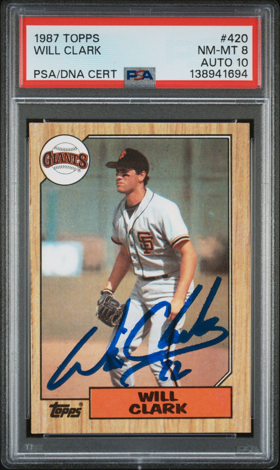 Will Clark 1987 Topps San Francisco Giants Signed Baseball RC Rookie Card #420 PSA 8 Auto 10 Cert #138941694-Powers Sports Memorabilia