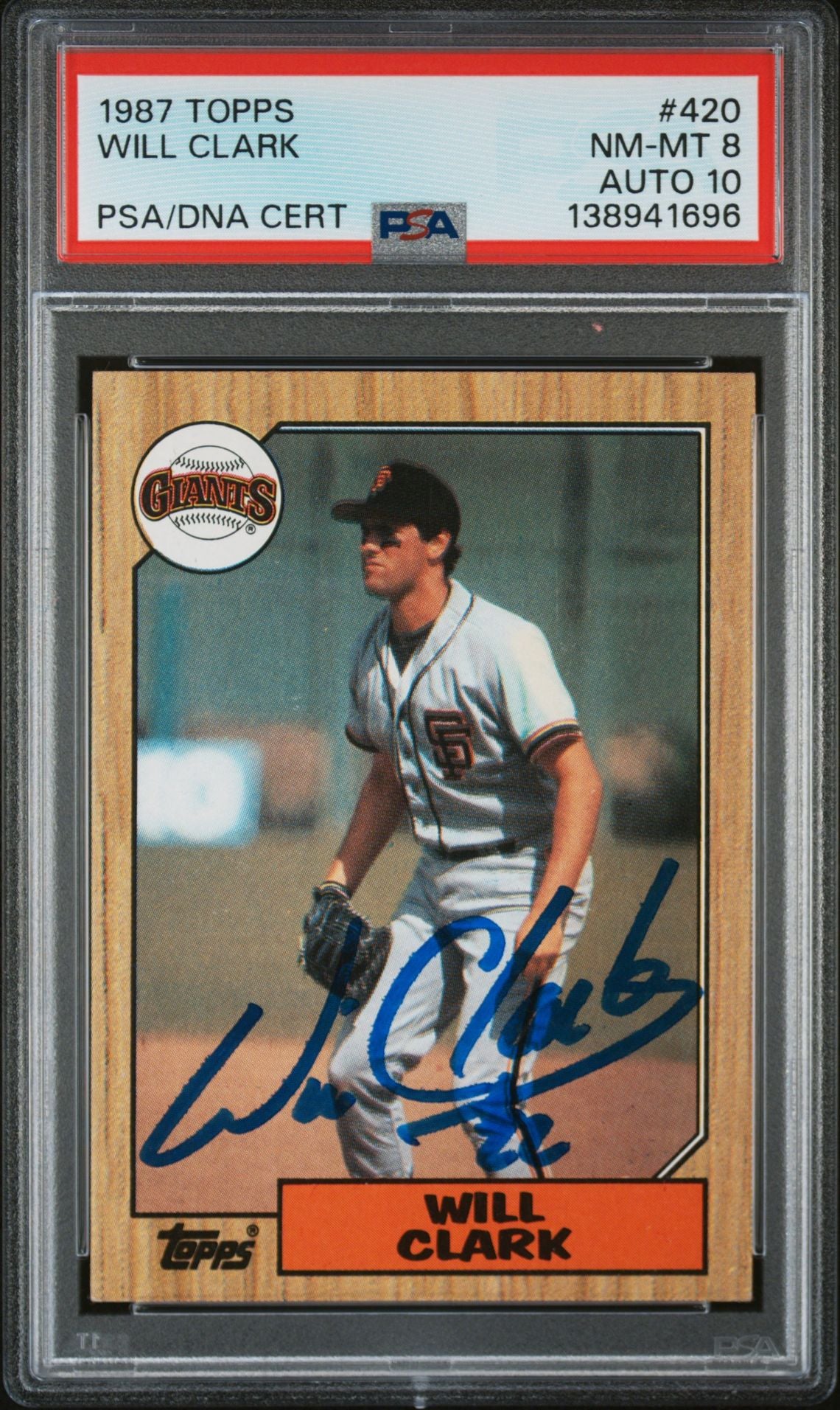 Will Clark 1987 Topps San Francisco Giants Signed Baseball RC Rookie Card #420 PSA 8 Auto 10 Cert #138941696-Powers Sports Memorabilia