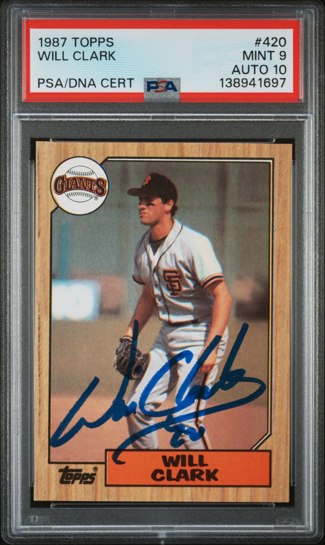 Will Clark 1987 Topps San Francisco Giants Signed Baseball RC Rookie Card #420 PSA 9 Auto 10 Cert #138941697-Powers Sports Memorabilia