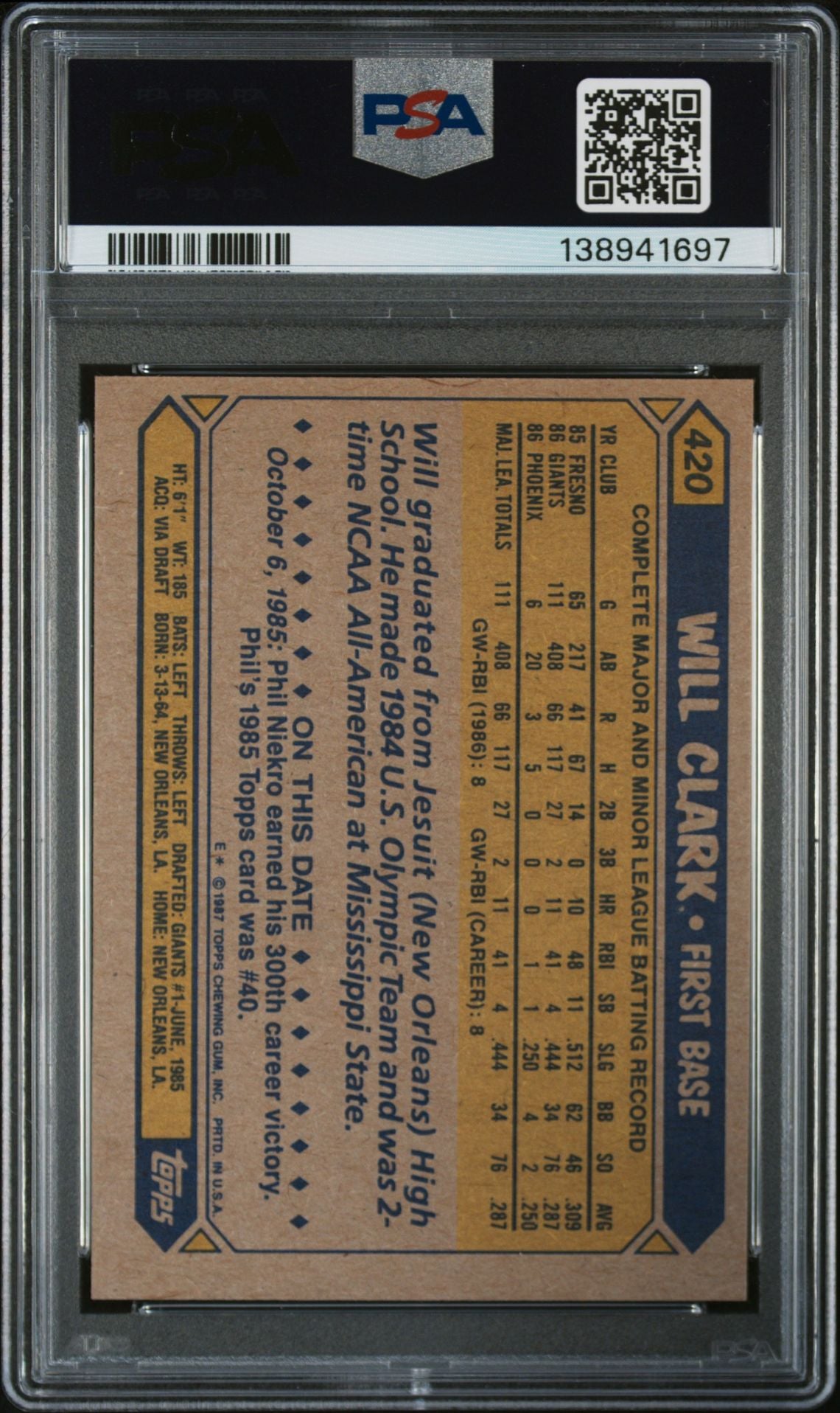 Will Clark 1987 Topps San Francisco Giants Signed Baseball RC Rookie Card #420 PSA 9 Auto 10 Cert #138941697-Powers Sports Memorabilia