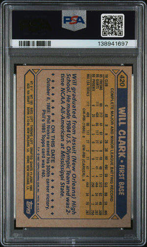 Will Clark 1987 Topps San Francisco Giants Signed Baseball RC Rookie Card #420 PSA 9 Auto 10 Cert #138941697-Powers Sports Memorabilia