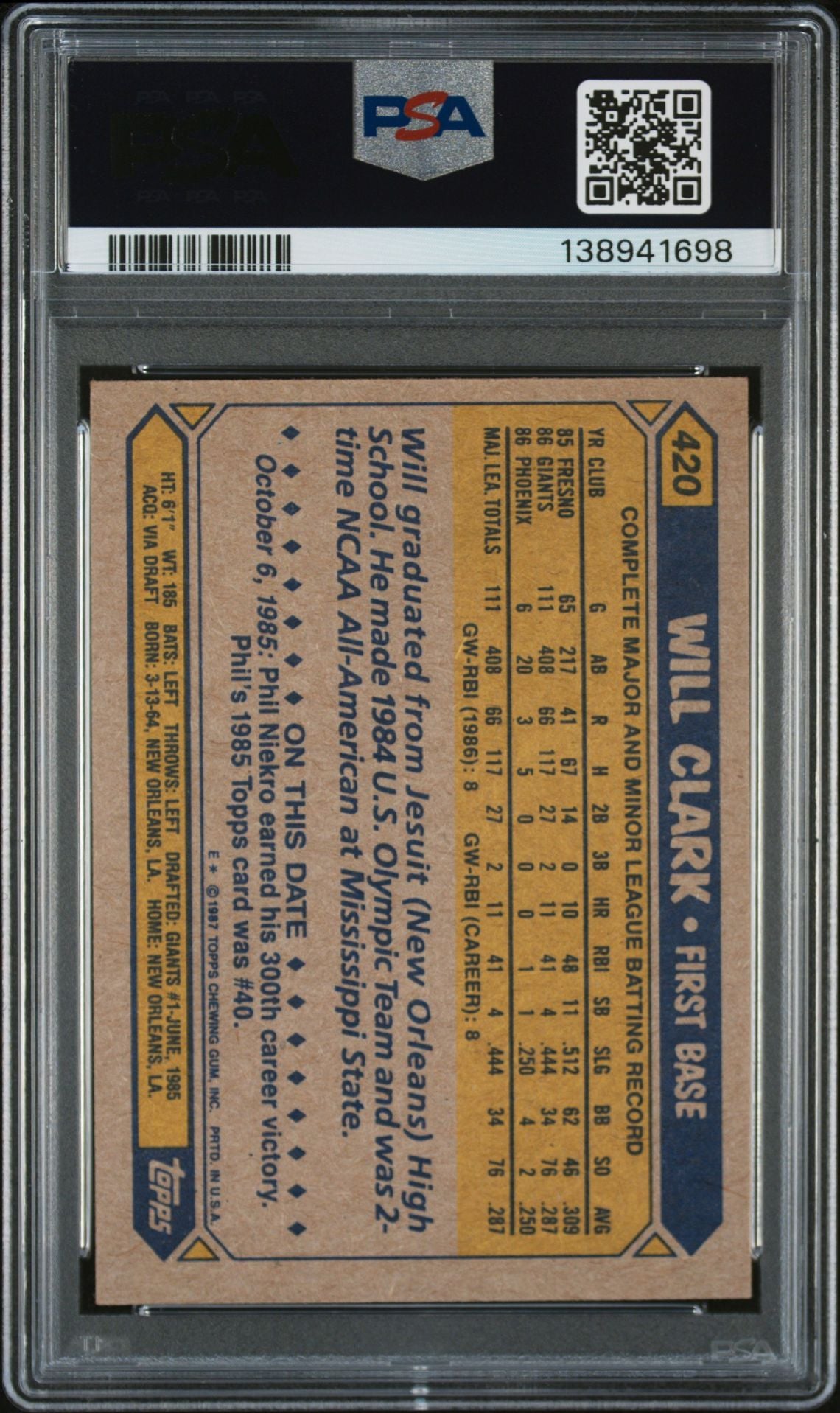 Will Clark 1987 Topps San Francisco Giants Signed Baseball RC Rookie Card #420 PSA 5 Auto 10 Cert #138941698-Powers Sports Memorabilia