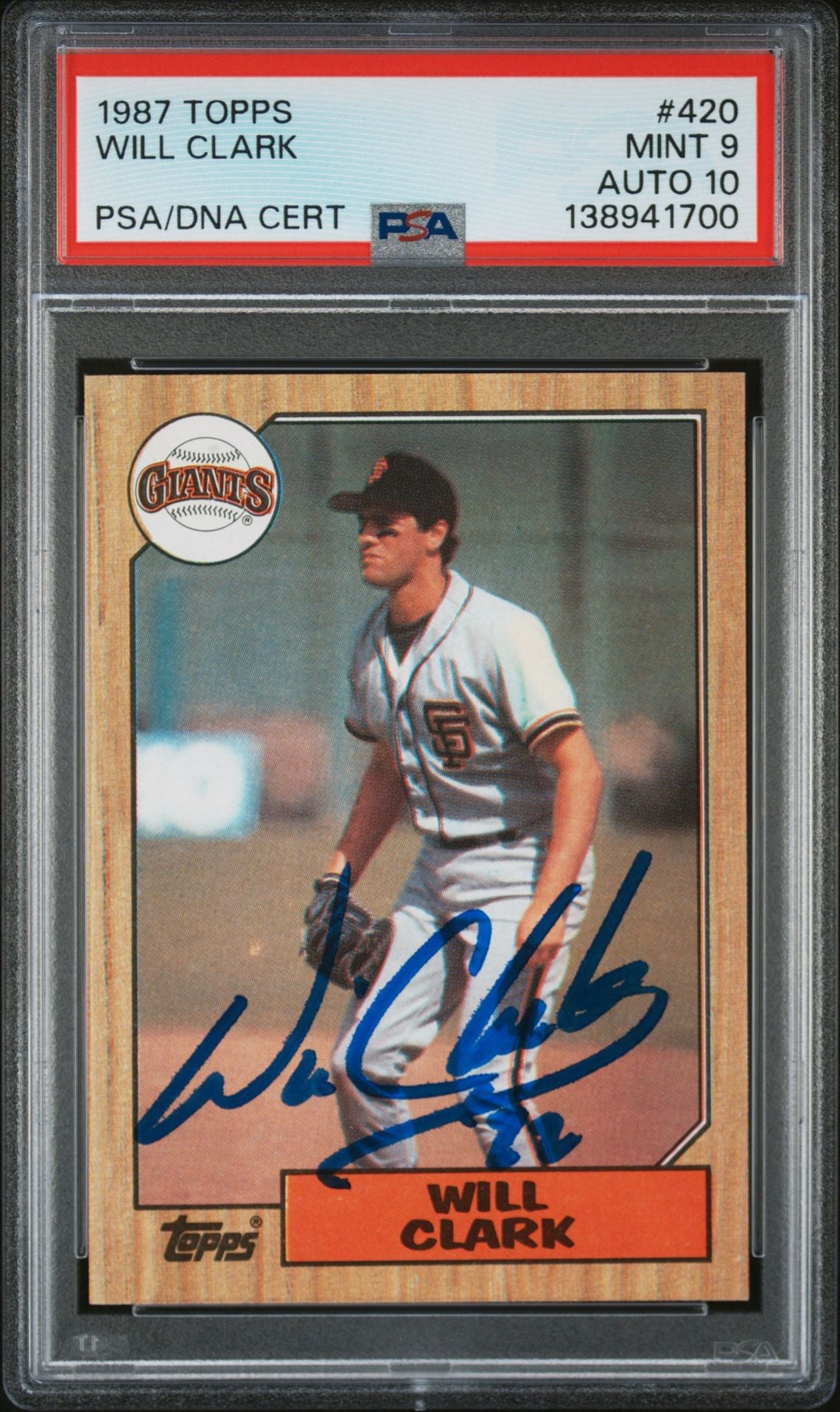 Will Clark 1987 Topps San Francisco Giants Signed Baseball RC Rookie Card #420 PSA 9 Auto 10 Cert #138941700-Powers Sports Memorabilia