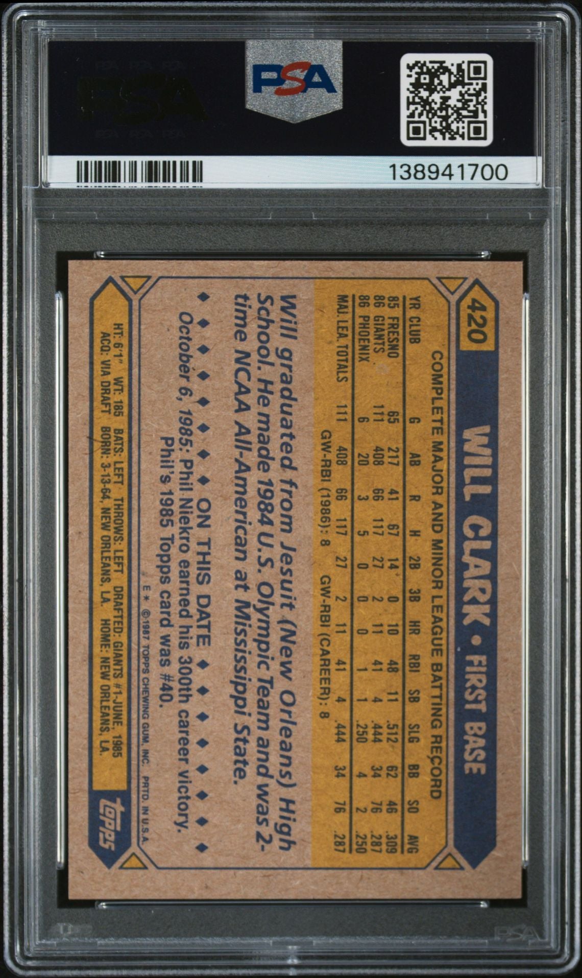 Will Clark 1987 Topps San Francisco Giants Signed Baseball RC Rookie Card #420 PSA 9 Auto 10 Cert #138941700-Powers Sports Memorabilia