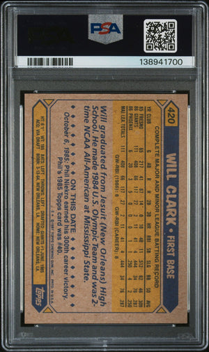 Will Clark 1987 Topps San Francisco Giants Signed Baseball RC Rookie Card #420 PSA 9 Auto 10 Cert #138941700-Powers Sports Memorabilia