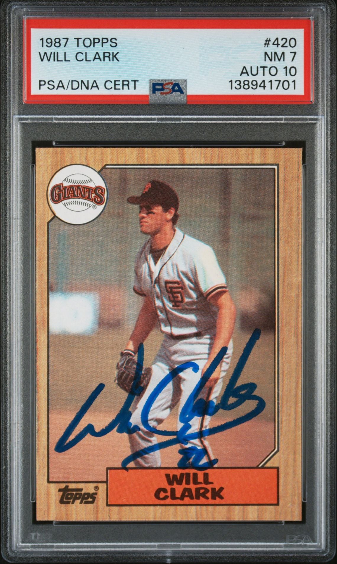 Will Clark 1987 Topps San Francisco Giants Signed Baseball RC Rookie Card #420 PSA 7 Auto 10 Cert #138941701-Powers Sports Memorabilia