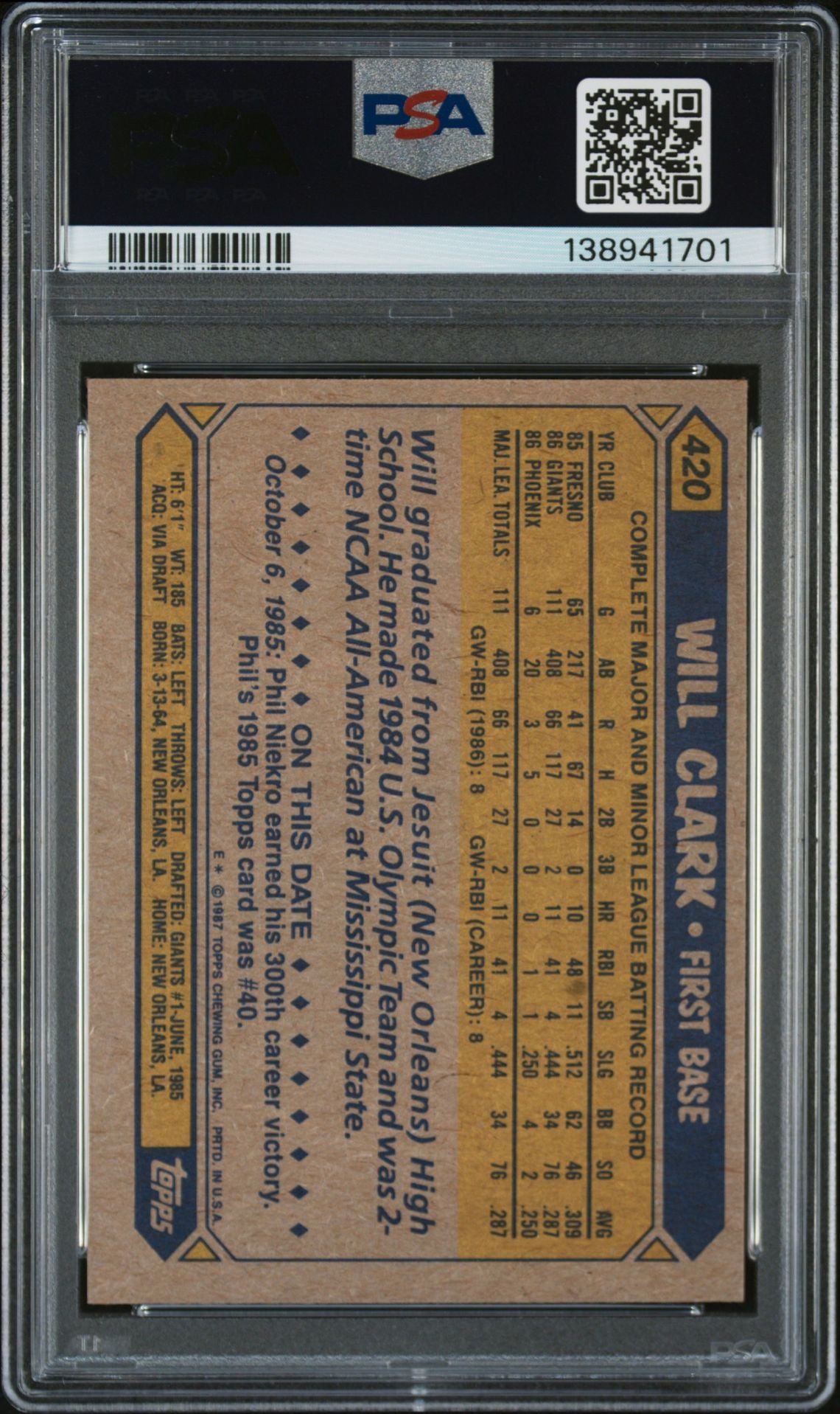Will Clark 1987 Topps San Francisco Giants Signed Baseball RC Rookie Card #420 PSA 7 Auto 10 Cert #138941701-Powers Sports Memorabilia
