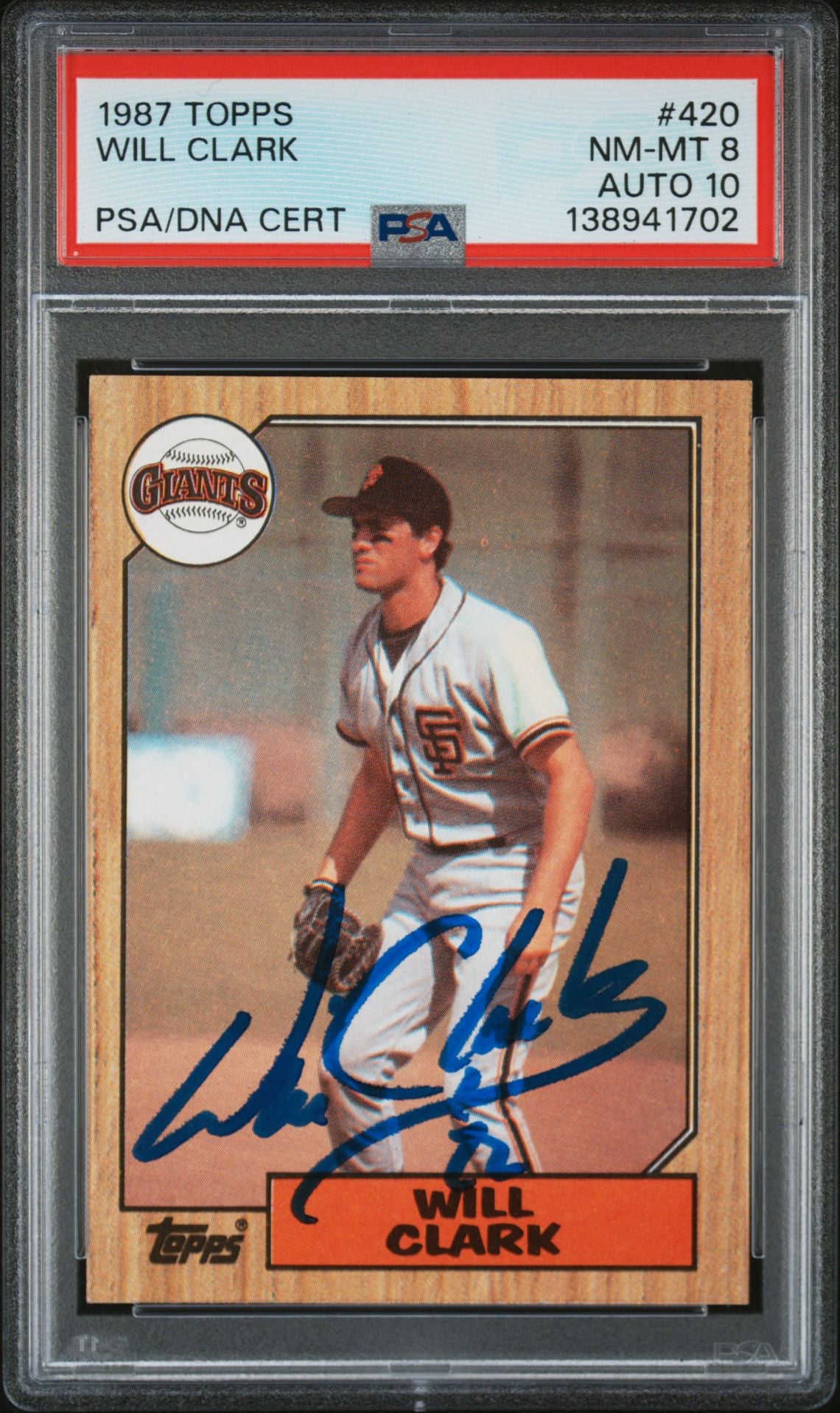 Will Clark 1987 Topps San Francisco Giants Signed Baseball RC Rookie Card #420 PSA 8 Auto 10 Cert #138941702-Powers Sports Memorabilia