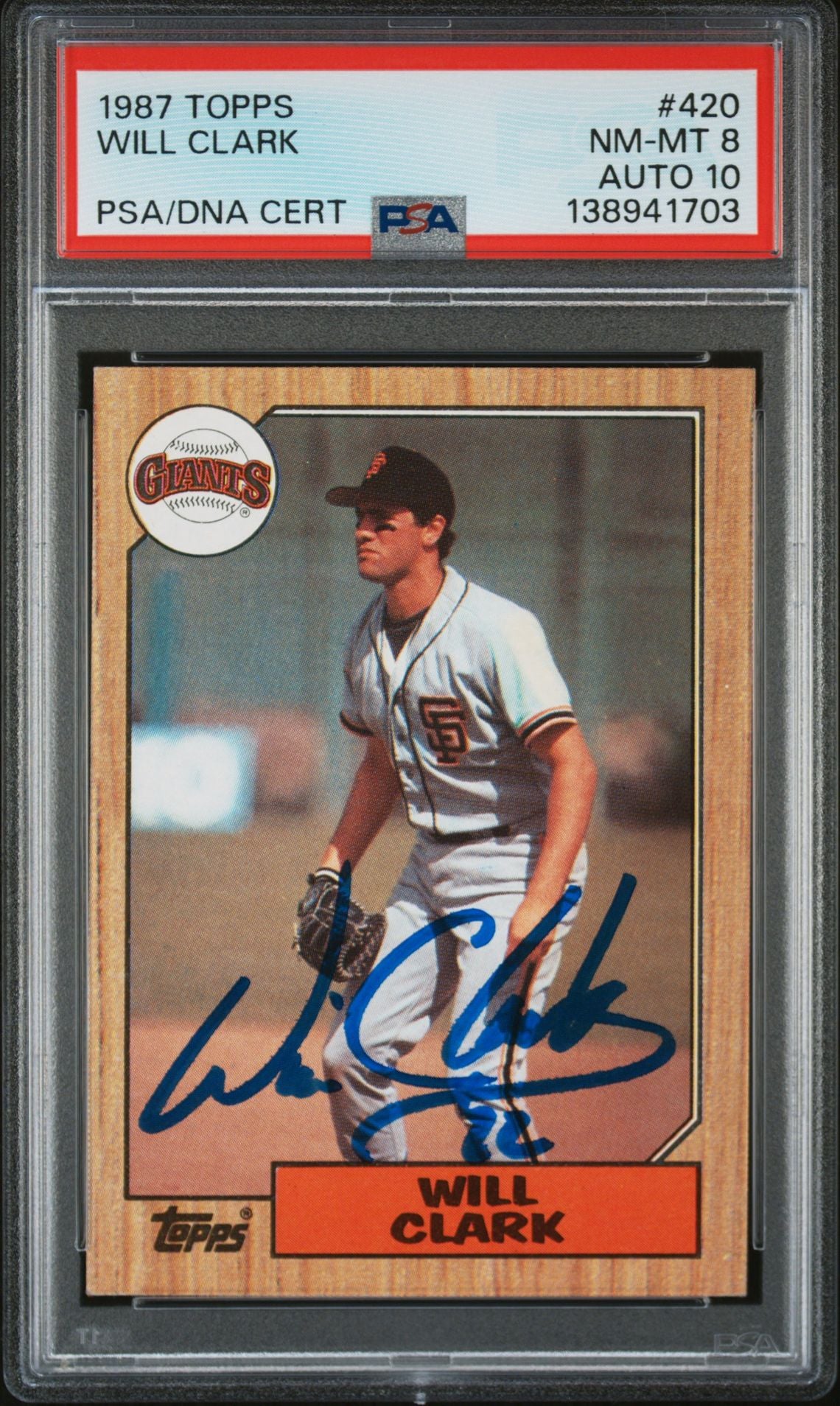 Will Clark 1987 Topps San Francisco Giants Signed Baseball RC Rookie Card #420 PSA 8 Auto 10 Cert #138941703-Powers Sports Memorabilia