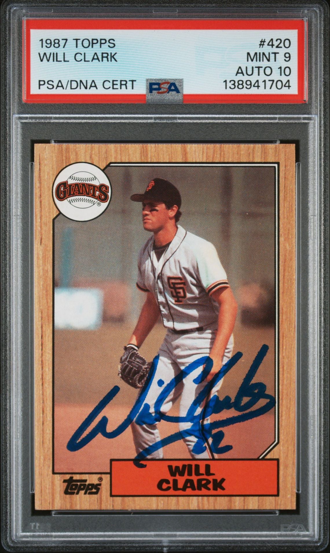 Will Clark 1987 Topps San Francisco Giants Signed Baseball RC Rookie Card #420 PSA 9 Auto 10 Cert #138941704-Powers Sports Memorabilia