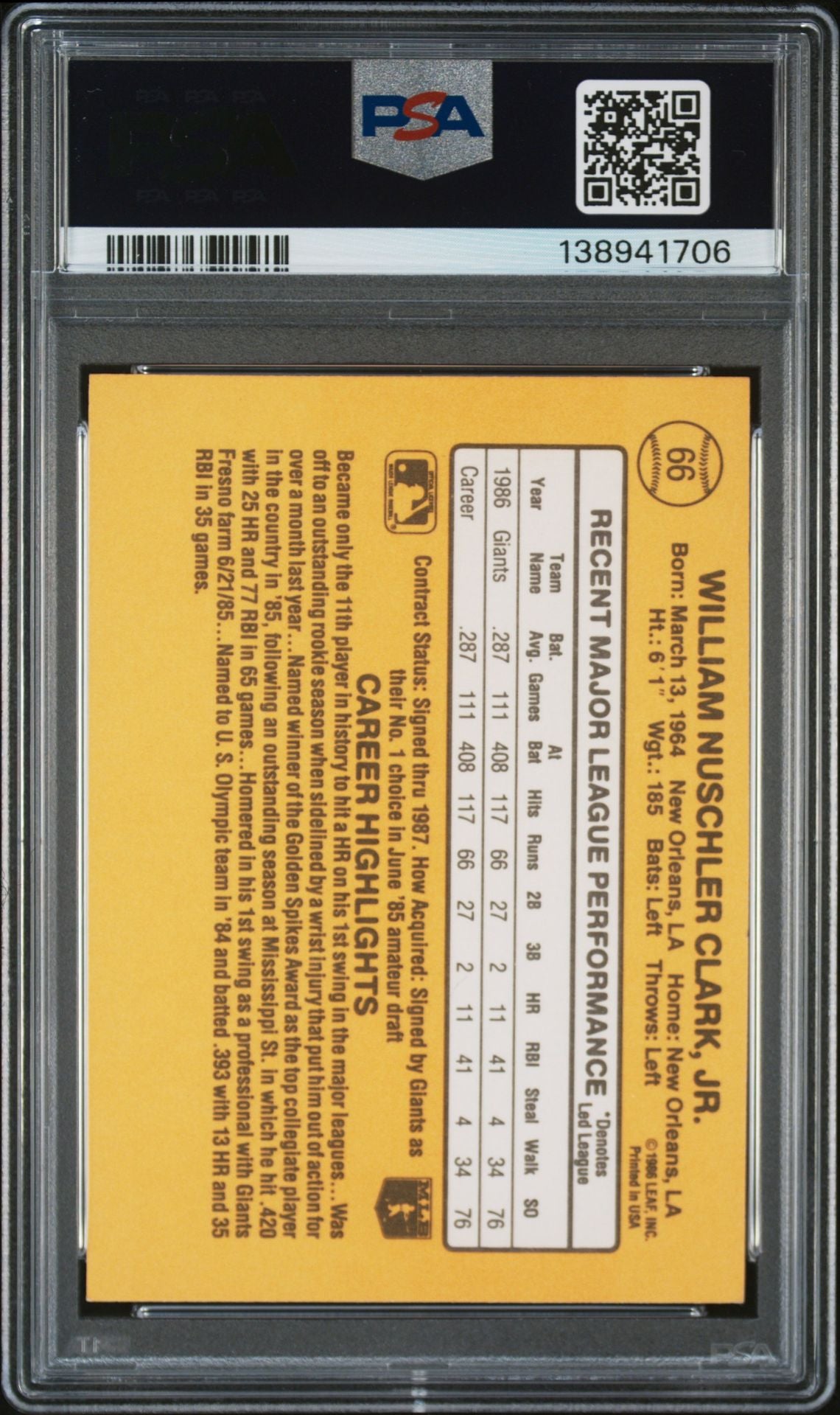 Will Clark 1987 Donruss San Francisco Giants Signed Baseball RC Rookie Card #66 PSA 5 Auto 10 Cert #138941706-Powers Sports Memorabilia